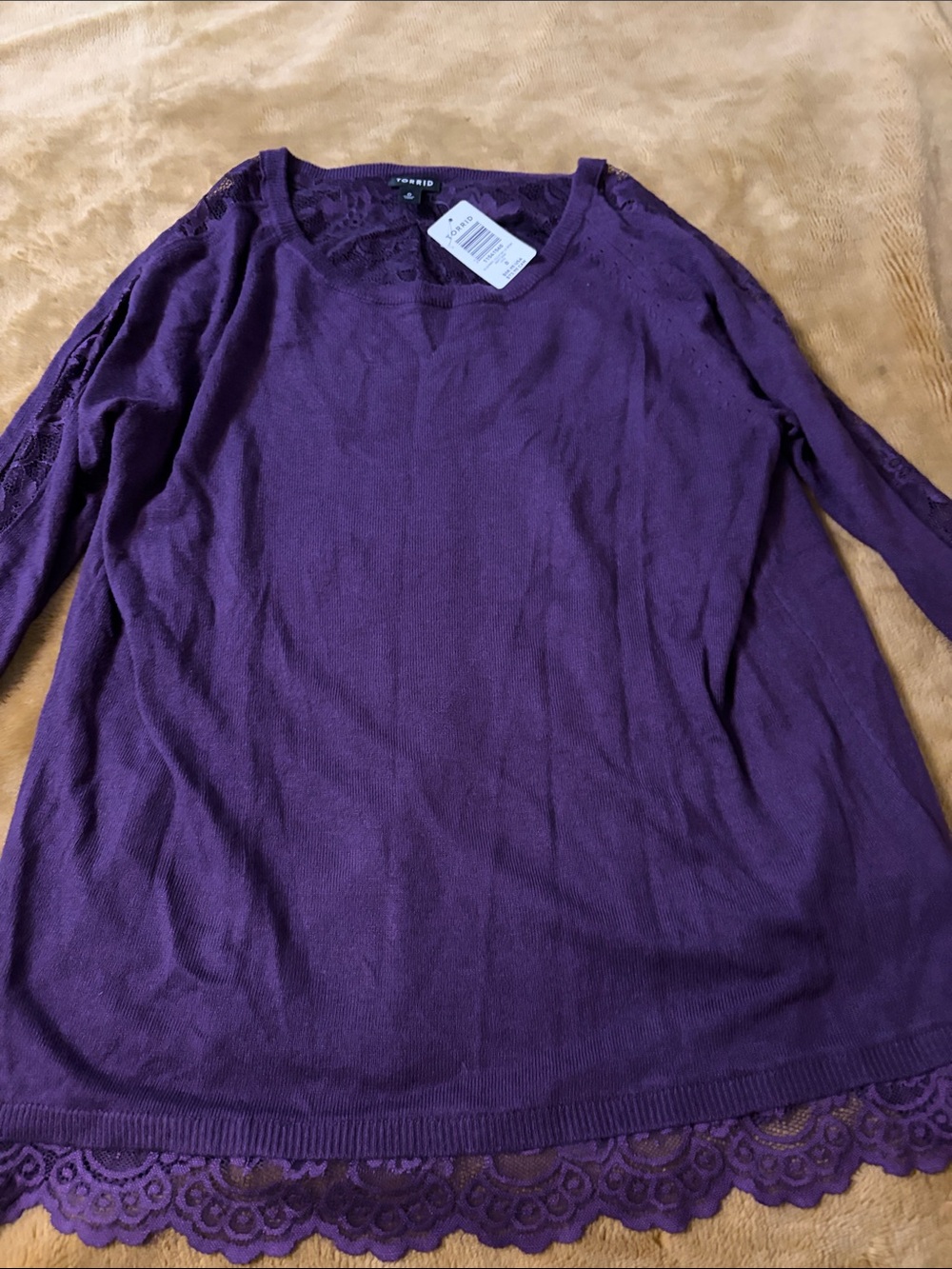 Torrid Dark Purple Lace-Hem Sweater NWT with lace shoulders and back size 0X